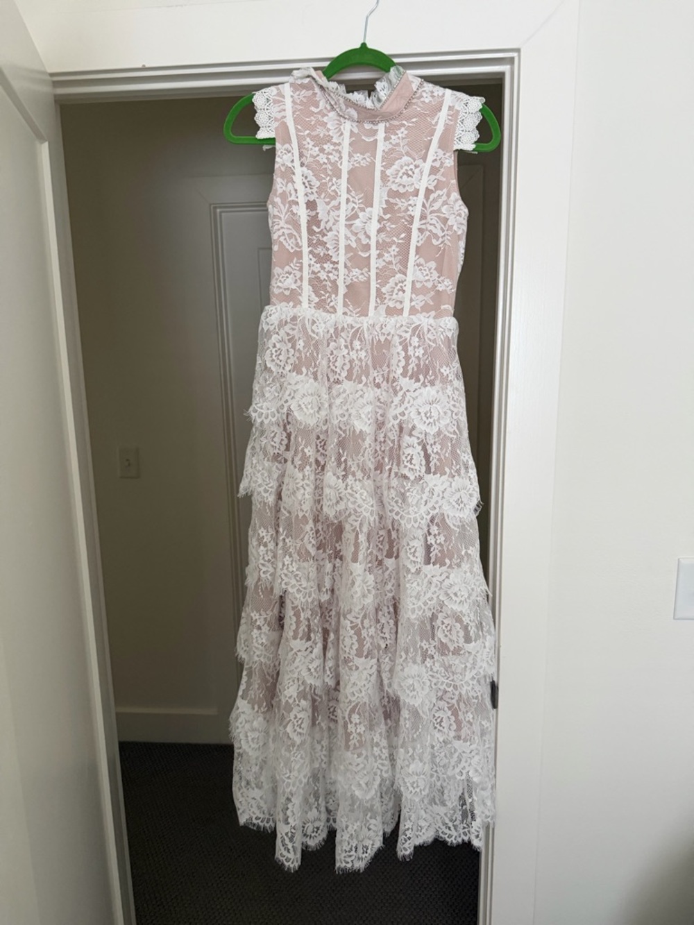 Miss Rosier Thérèse White Embellished Floral Lace Tiered Maxi Dress